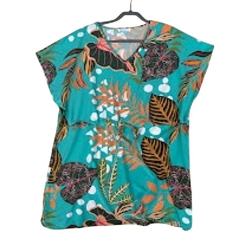 Bluetime Womens Teal Tropical Leaf Print V-Neck‎ Mini Dress Drawstring Waist XXL